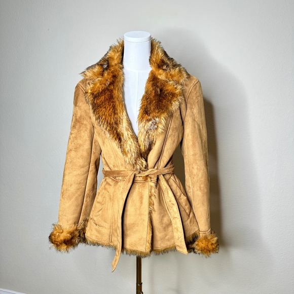 Route 66 Jackets & Blazers - Route 66 Tan Faux Suede Shearling Penny Lane Coat Faux Fur Trim Medium